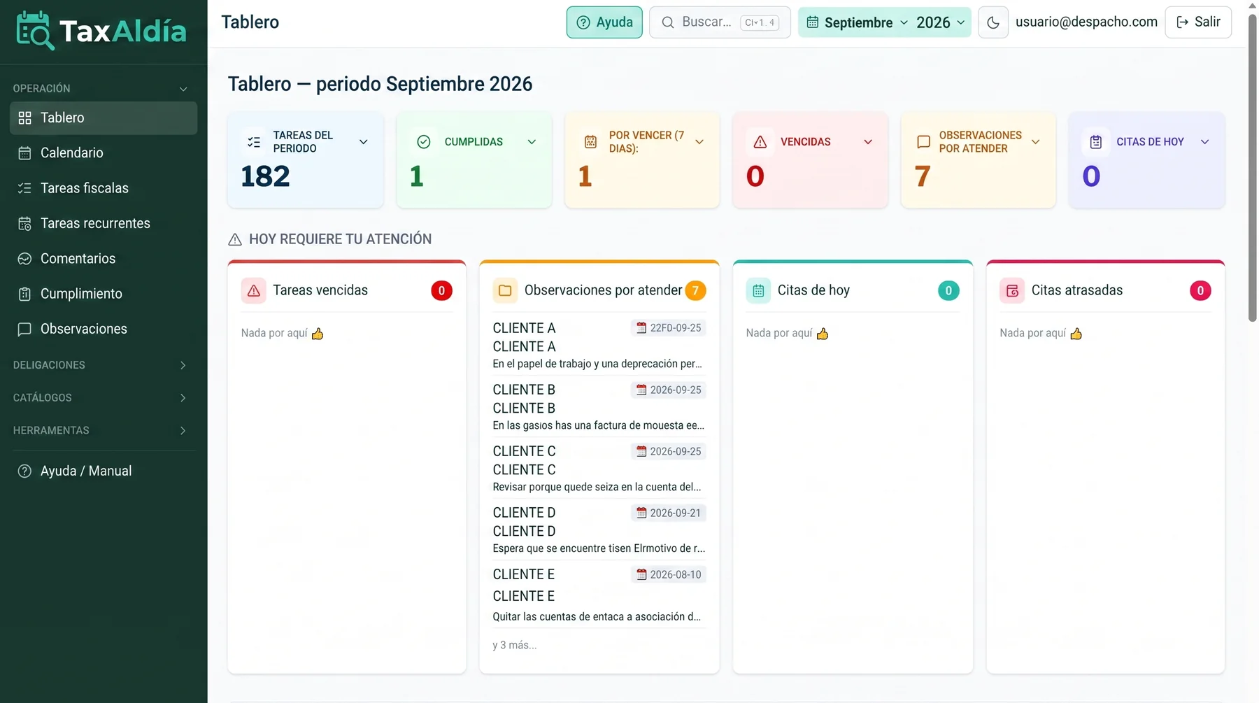 Tablero de TaxAldía — periodo septiembre 2026
